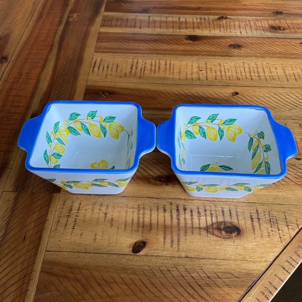 Ceramic Lemon Pattern Rectangular Baking Dishes with Blue Rim - Set of 2